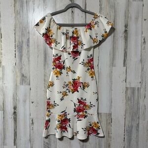 Almost Famous Floral Ruffle Midi Dress - Cream with Red and Yellow